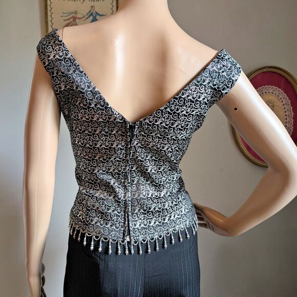 Vintage 90s Cachet Beaded Top Fringe Evening Cocktail Whimsigoth Silver Size 12 - Picture 11 of 12